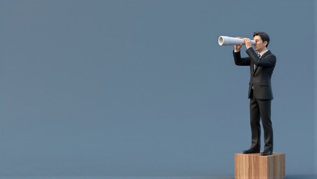 Businessman stands on pedestal, using telescope to look ahead with hopeful gaze.