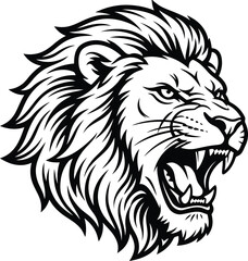 Obraz premium Fierce roaring lion head illustration in black and white line art style