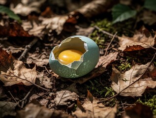 Obraz premium Broken bluish bird egg with yellow yolk lies on forest ground among dry brown autumn leaves. Macro view shows cracked shell, fragile life. Natural outdoor setting with moss, organic debris represents