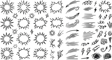 Set of hand drawn comic book style speech bubbles and action lines for graphic design elements © MdNazimUddin