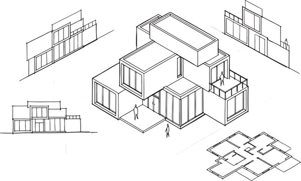 Modern Architectural House Sketch with Isometric View Floor Plan and Elevations