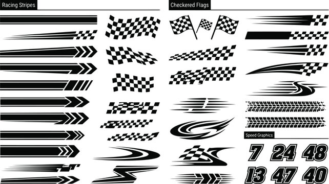 Set of black racing stripes and checkered flag graphics for car decals and sport design elements