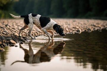 Obraz premium Black, white English pointer dog walks through shallow river water. Hunting dog sniffs stream edge near rocky shore. Pet animal drinks explores forest river during autumn season. Natural outdoor
