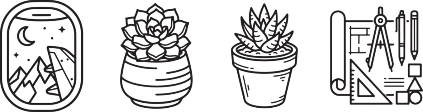 Set of four minimalist line art icons featuring travel and hobby themes