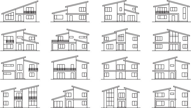 Set of sixteen modern residential house elevations featuring minimalist line art and contemporary architectural designs for real estate development vector