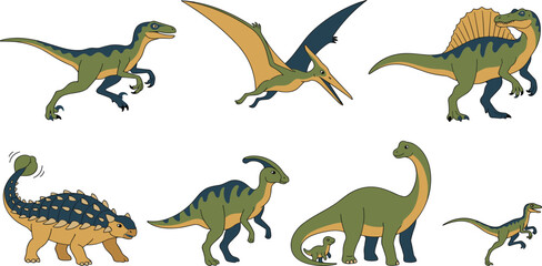 Cartoon Dinosaur Vector Icon Set Featuring Pterodactyl Velociraptor Spinosaurus Ankylosaurus Parasaurolophus and Brachiosaurus for Children Educational Projects Graphic Assets and Sticker Designs © Sahin