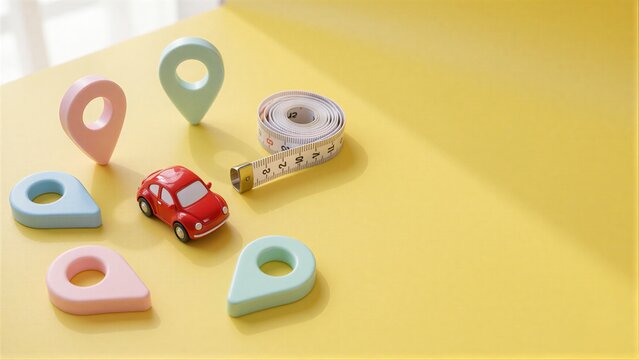 Colorful location pins and a measuring tape surround a tiny red car on yellow background.
