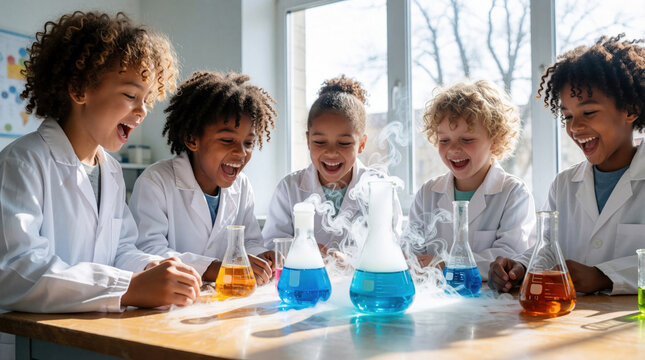 Diverse group of school children perform chemistry experiment in science lab. Young students wear white coats, show excited faces. Colorful liquid in glass flasks creates smoke, reaction. Kids enjoy