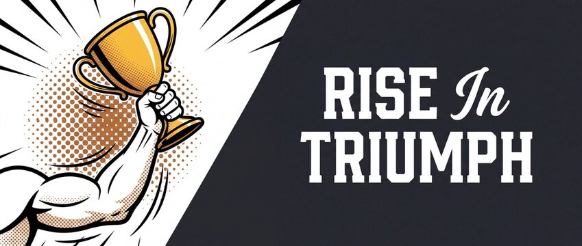 Winner hand holding golden trophy cup triumph victory concept pop art comic book style illustration with Rise in Triumph text for achievement success motivation champion banner graphic banner
