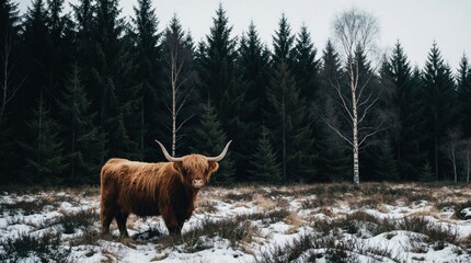 Obraz premium Brown highland cow stands in snowy field near dark pine forest. Long hair cattle grazes on winter pasture. Large horns animal looks at camera in cold rural landscape. Scottish breed beef livestock