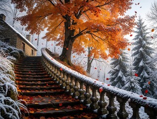 Obraz premium Stone stairs with balustrade lead up through snowy winter forest. Large orange maple tree stands above stone stpic. Colorful autumn leaves fall on fresh white snow. Beautiful seasonal transition