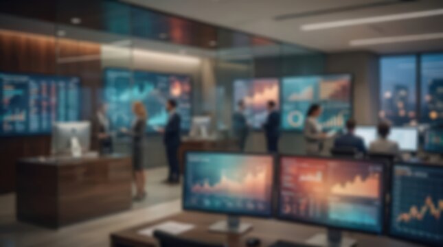 Financial trading room blurred background with professional stock market analysts monitoring real-time data charts on computer screens in a modern corporate office environment at night