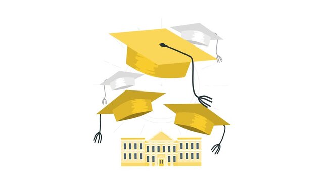 Graduation caps floating above school building. Education and learning concept for academic marketing, graduation ceremonies, and student success presentations
