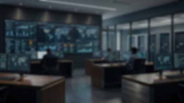 Security operations center dashboard background with blurred data analysts working on computer screens in a modern dark office environment showcasing global network connectivity and cyber monitoring