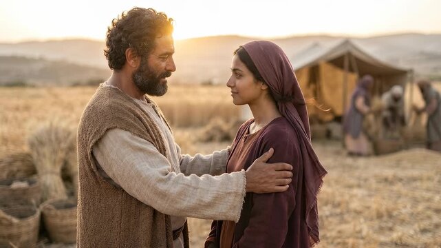 Boaz and Ruth Meet in a Harvest Field in a Tender Biblical Scene Symbolizing Love Loyalty Providence Faith Redemption Marriage Family Hope Kindness and Sacred Old Testament Tradition