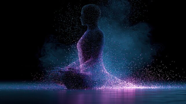 Abstract meditating human figure dissolving into bright glowing particles, representing energy, spirituality, and inner peace