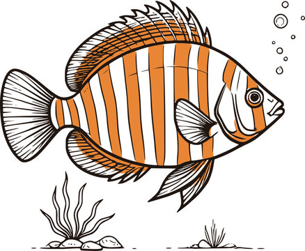 Cute striped fish swimming above seaweed silhouette &ndash; design for children's book illustrations, aquatic mascot logos, and educational flashcards. Transparent EPS version.	