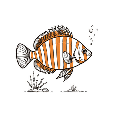 Cute striped fish swimming above seaweed silhouette &ndash; design for children's book illustrations, aquatic mascot logos, and educational flashcards. Transparent PNG version.	