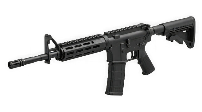 Modern black tactical assault rifle isolated on transparent background