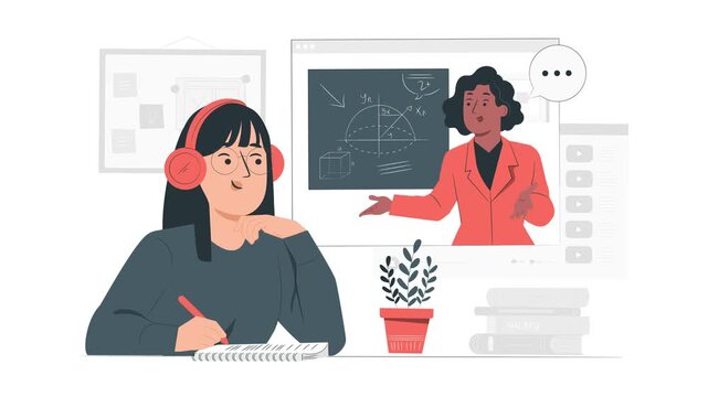 Woman studying with teacher on screen. Education and technology concept for academic marketing, e learning, and knowledge presentations