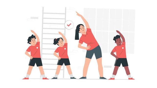 Four children stretching with instructor. Sports and fitness concept for health marketing, exercise presentations, and active lifestyle visuals
