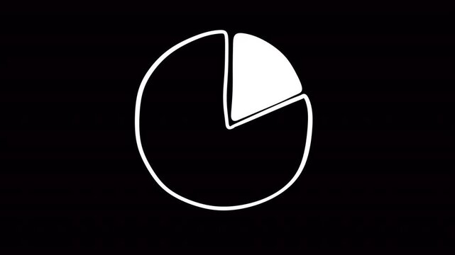 Animated 2D hand-drawn pie chart split exactly in half on chroma key green screen background. Right half is filled with solid black and the left half is filled with solid white