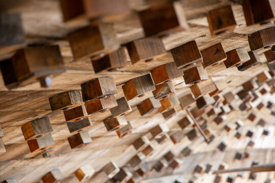 Close up of wooden pegs on a ship hull, Mandvi, India