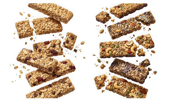 Assorted healthy granola and nut bars falling isolated on transparent background