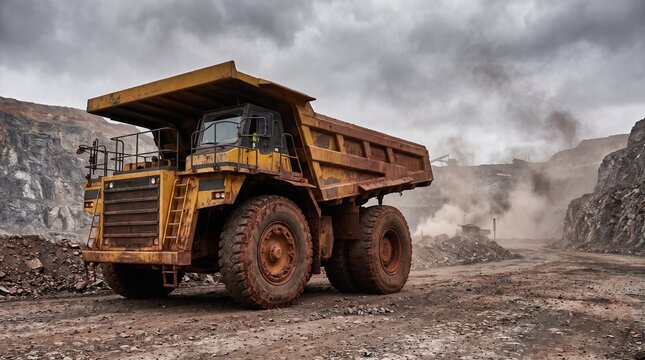 Massive Yellow Mining Dump Truck in Dusty Open-Pit Mine