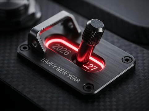 Sleek metallic lever switching from 2026 to 2027, glowing red, with happy new year engraved, symbolizing a fresh start