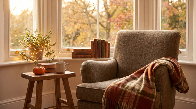 Cozy autumn reading nook with armchair plaid blanket vintage books and warm drink by bay window with fairy lights for peaceful home interior relaxation