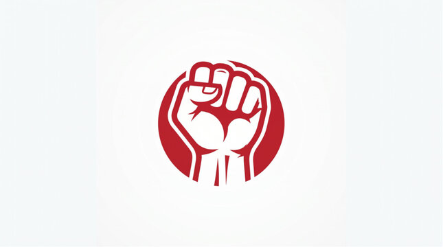 Raised clenched fist business icon logo with power solidarity protest symbol. Red black white flat minimalist vector for freedom, revolution, strength unity and social justice branding. Isolated on wh