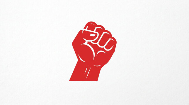 Raised clenched fist business icon logo with power solidarity protest symbol. Red black white flat minimalist vector for freedom, revolution, strength unity and social justice branding. Isolated on wh