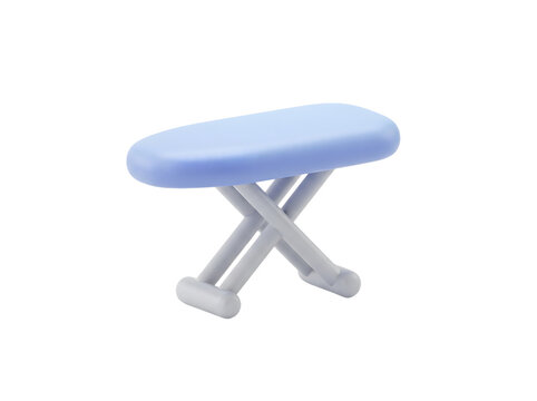 Miniature blue folding ironing board icon, 3D render graphic isolated on white background for household equipment or laundry service concepts