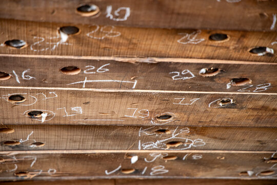 Detail of wooden dhow hull planking, Mandvi, India