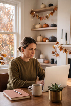 Donna concentrata lavora al laptop in smart working, seduta a un tavolo di legno con tazza fumante e taccuino, in una casa decorata per Halloween con zucche, ghirlanda di foglie e luci.