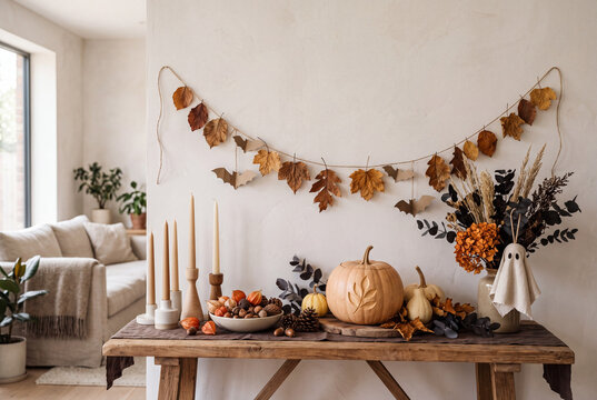 Console in legno rustico con decorazioni ecologiche per Halloween: ghirlanda di foglie secche e pipistrelli di carta, zucca intagliata, fantasmino di stoffa, candele e fiori secchi in un soggiorno.
