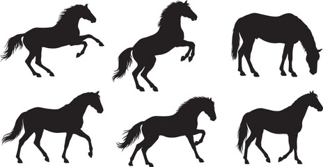 Fototapeta premium Set of six black horse silhouettes, featuring various poses including rearing, grazing, walking, and trotting, isolated on a white background