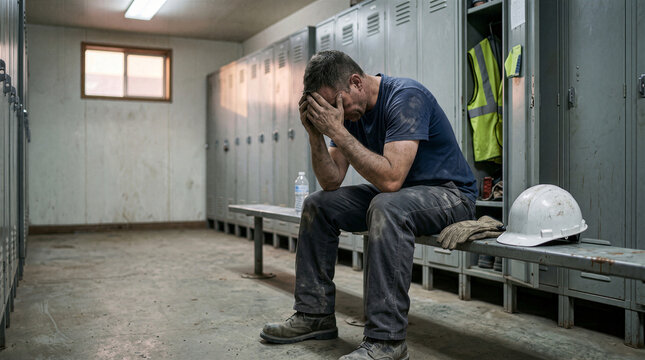 Stressed Industrial Worker Sitting Alone in Locker Room Overwhelmed Exhausted Blue Collar Man Depressed After Hard Physical Labor Concept for Workplace Burnout Mental Health Struggle Professional, Man