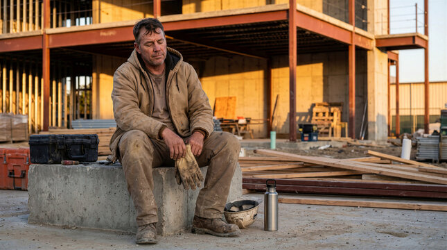 Exhausted Construction Worker Resting on Concrete Block at Building Site during Golden Hour Sunset Tired Blue Collar Laborer Wearing Workwear Holding Protective Gloves Amidst Infrastructure, Labor Day