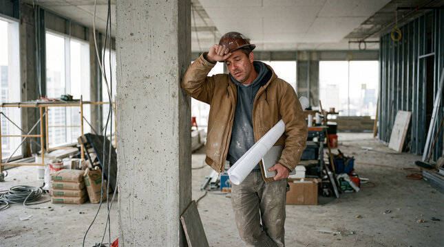 Exhausted Construction Site Foreman Leaning Against Concrete Pillar Holding Blueprints And Tablet Tired Industrial Professional Man Overwhelmed By Project Deadlines Stressful Building Development, Man