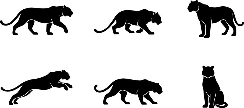 Set of six black silhouettes of panthers and leopards in various poses, including walking, jumping, and sitting, isolated on a white background
