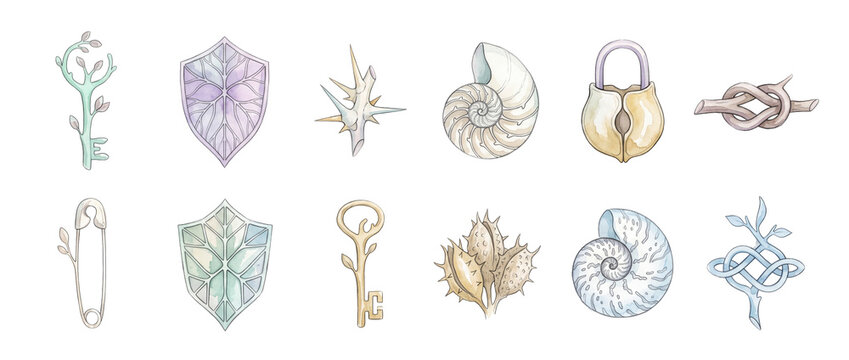 Fantasy magic icons set watercolor druid artifacts leaf shield keys nautilus shell lock and nature game assets isolated on black background for RPG UI design fairytale prop art concept collection