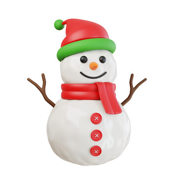 3d icon of a friendly snowman with a green santa hat and red scarf isolated on transparent background