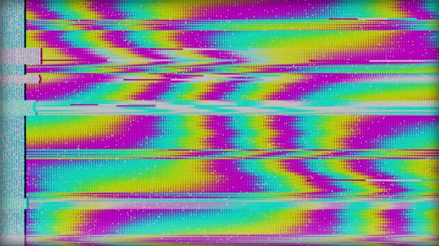 Abstract digital glitch effect features vibrant magenta and cyan crt scanline texture. This moire pattern distortion creates a retro aesthetic.