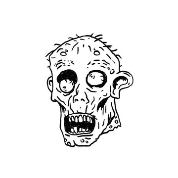 Hand-drawn illustration of a scary zombie head with an open mouth isolated on white background. Creepy line art monster icon for Halloween, stickers, horror themes, and dark graphic design projects.