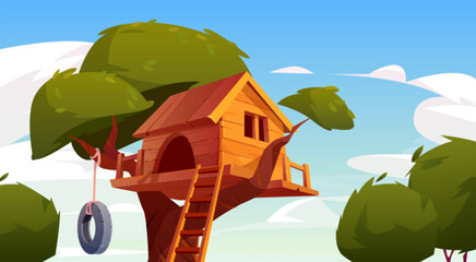 Obraz premium Tree house illustration of children wooden treehouse on forest branches. Fantasy rural cartoon cabin drawing with playhouse ladder and wheel tire swing hanging on rope in sunny summer yard scene.