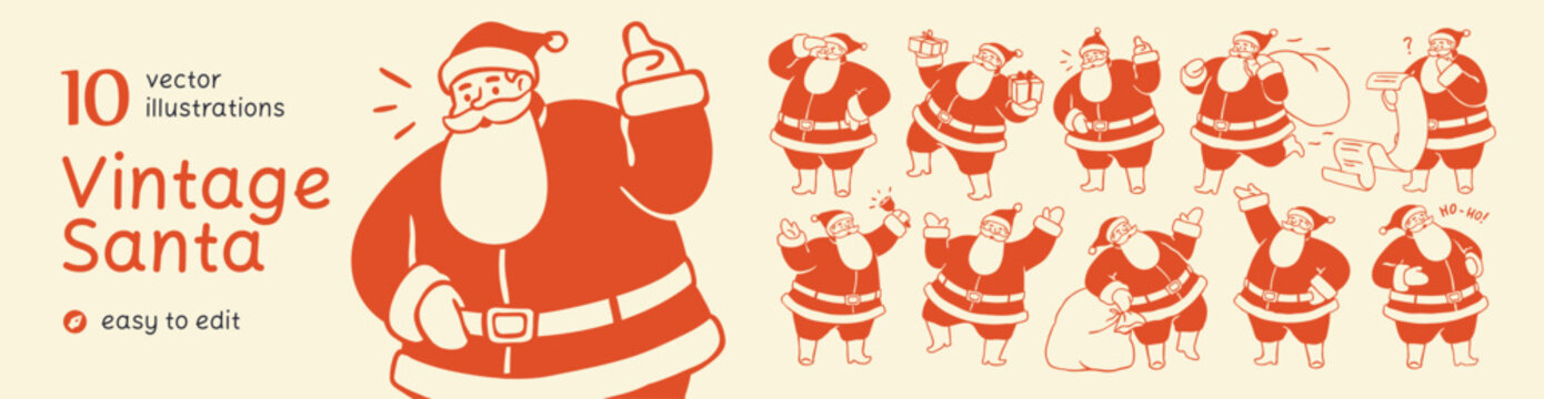 Vintage Santa Claus character. Xmas and New Year Santa, Merry Christmas set. Cute funny Christmas character in traditional red suit, with gift bag, noel pack, present. Flat vector illustrations