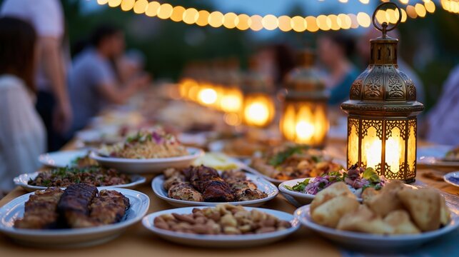 The Feast Outdoors Illuminated by Lanterns on a Long Twilight Table