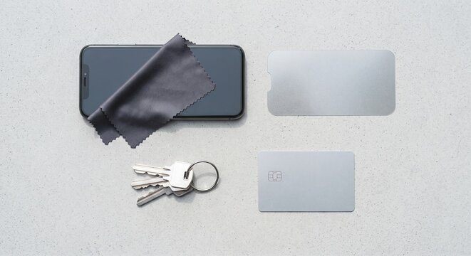 Black smartphone with microfiber cleaning cloth, privacy screen protector, metal credit card, and keys on surface.